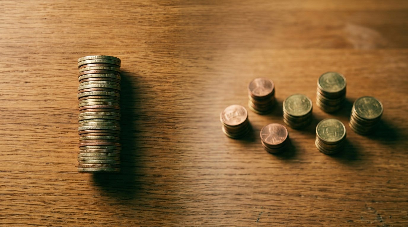 One large stack of coins next to several smaller separate stacks, illustrating dollar-cost averaging versus a lump sum