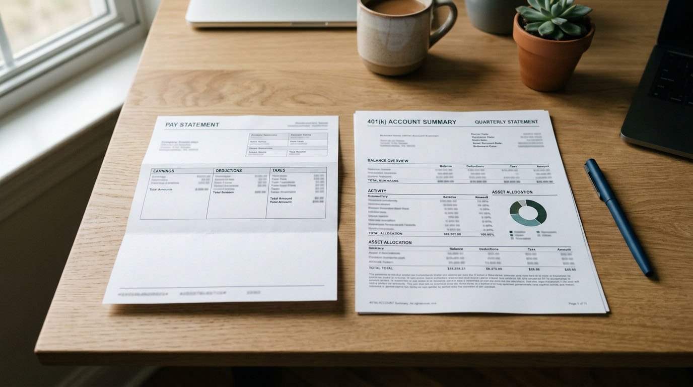 A paycheck stub next to a 401k statement, showing how dollar-cost averaging vs lump sum applies differently to retirement contributions