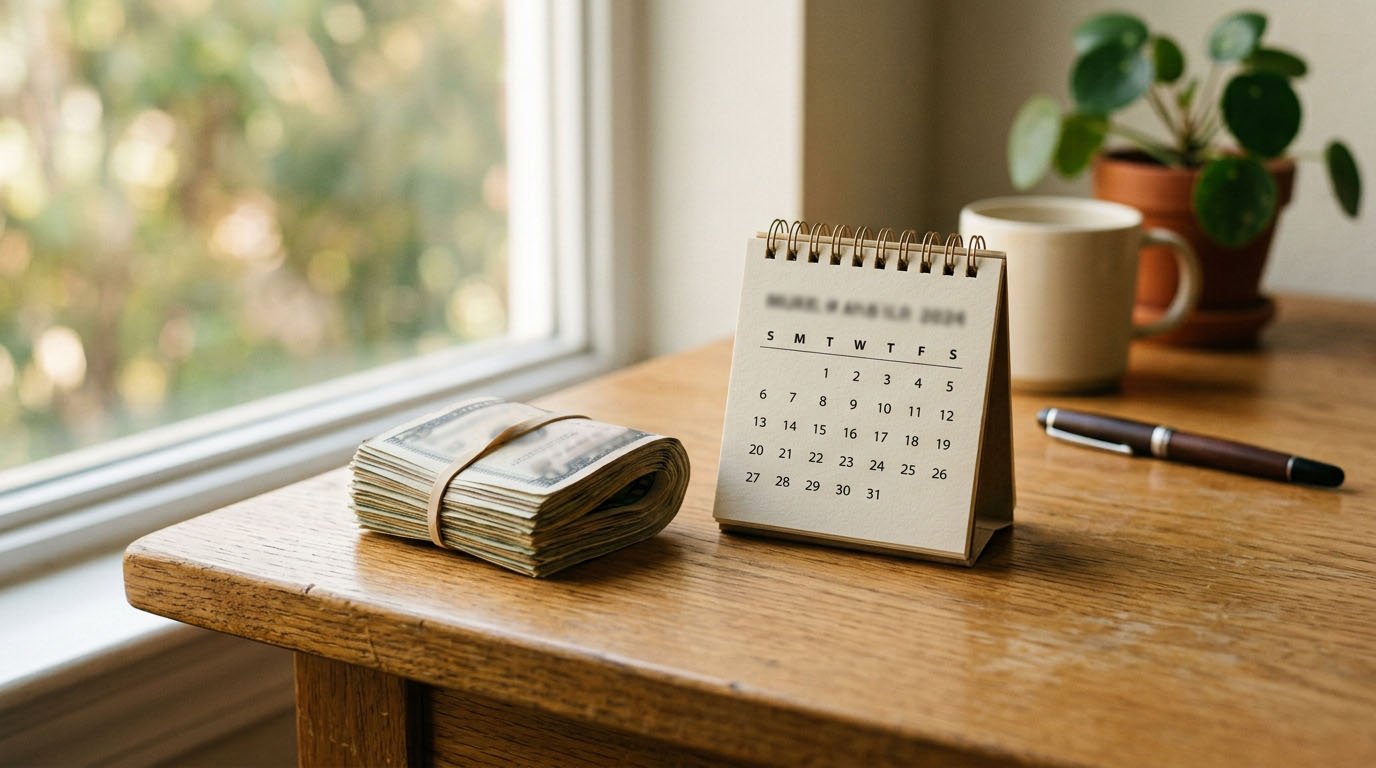 A stack of cash next to a calendar