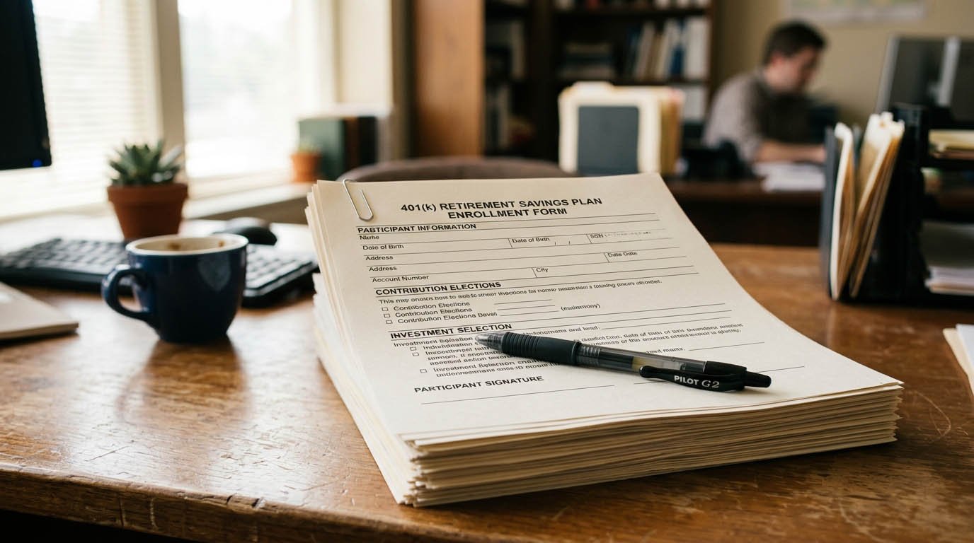 A realistic photo of 401k enrollment paperwork and a pen resting on an office desk