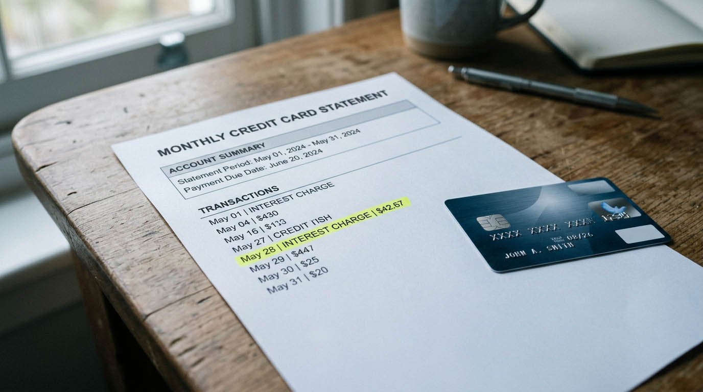 A realistic photo of a credit card statement with an interest charge line highlighted, next to the credit card itself
