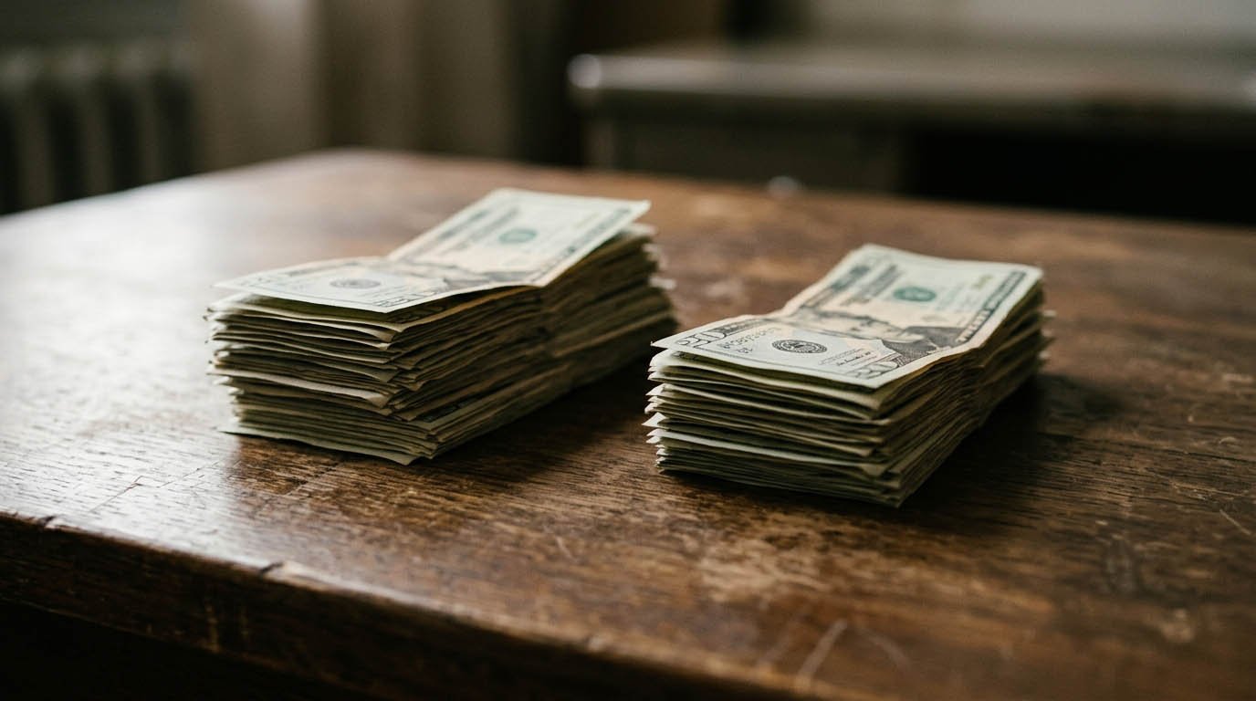 Cash split into two piles on a table