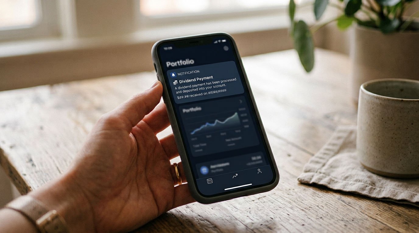 A dividend payment notification on a brokerage app screen, relevant to how dividends work in an ETF vs stock
