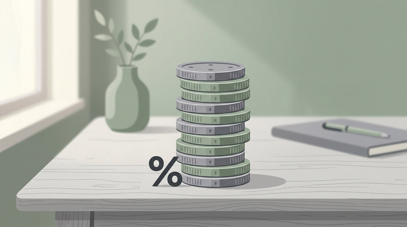 A small percentage symbol icon next to coins, representing the expense ratio fee difference in an ETF vs stock