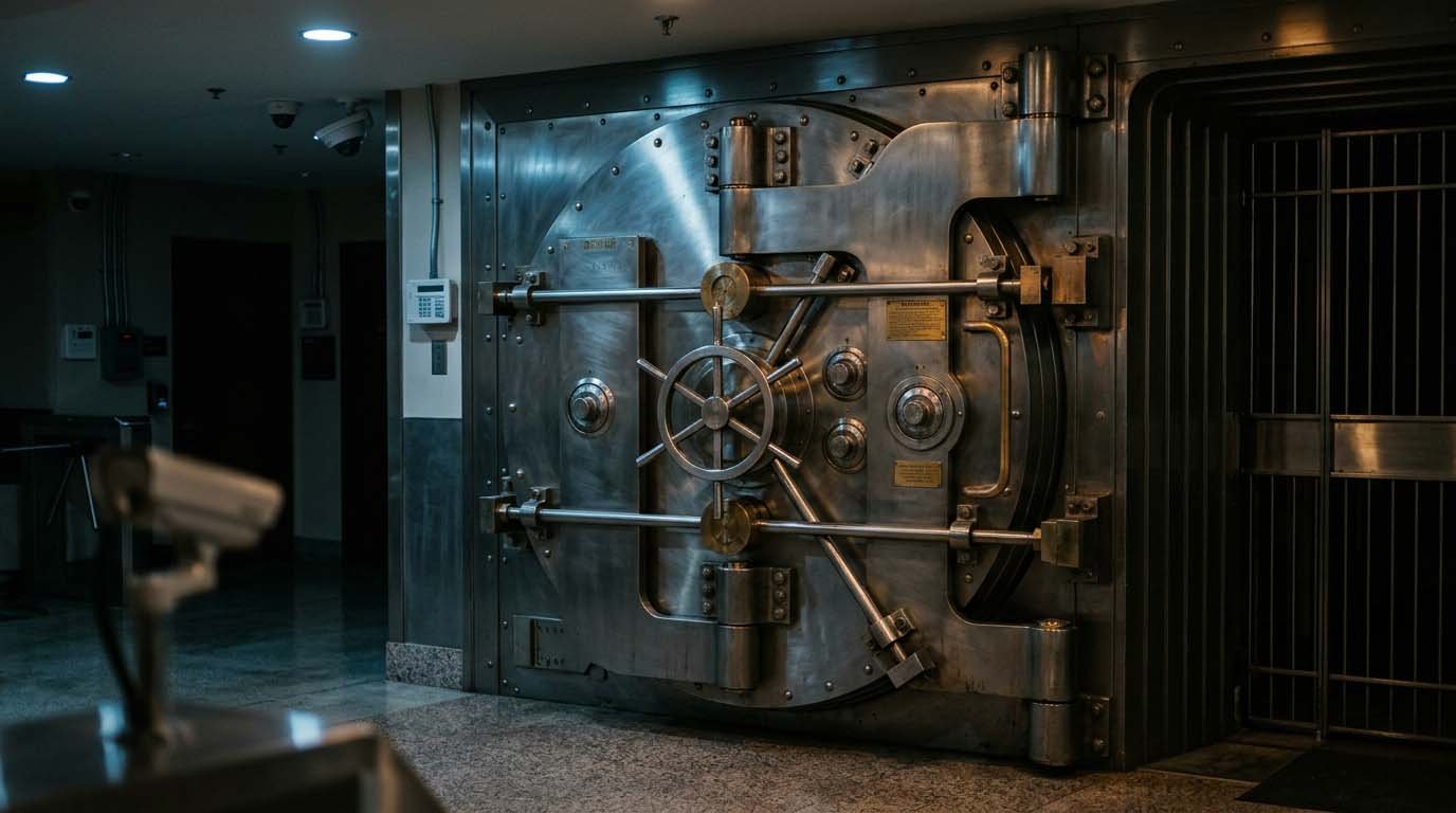 A bank vault door at night, representing overnight lending between banks