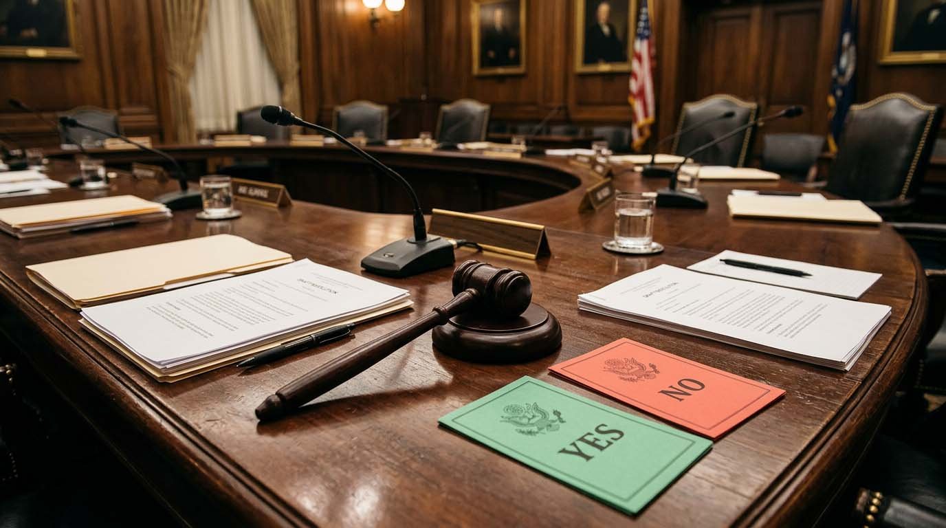 A realistic photo of a formal committee room with a gavel and voting cards on the table, representing an FOMC rate decision