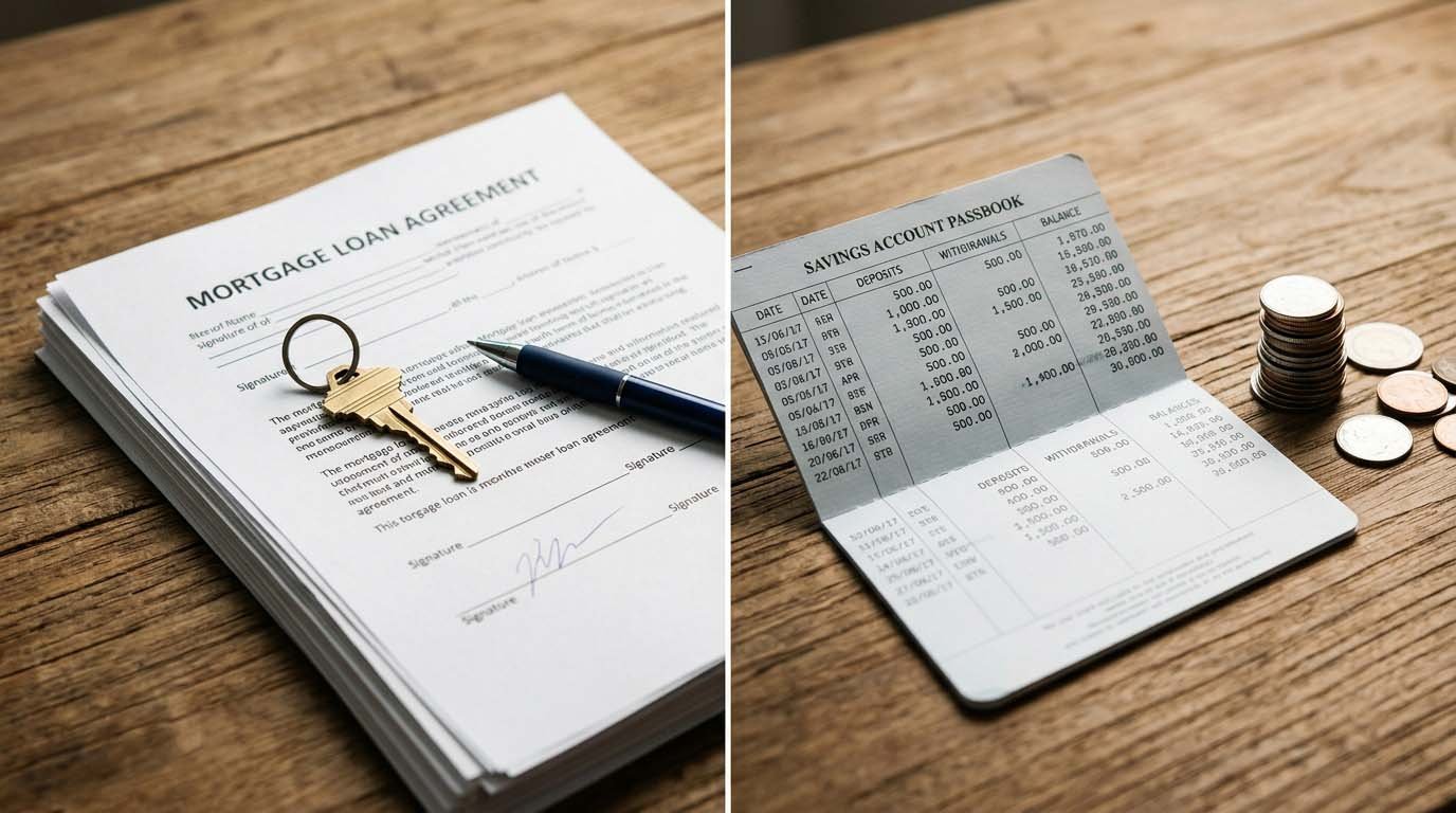 A split composition showing mortgage loan documents on one side and a savings passbook on the other, representing how the federal funds rate affects both borrowing and saving