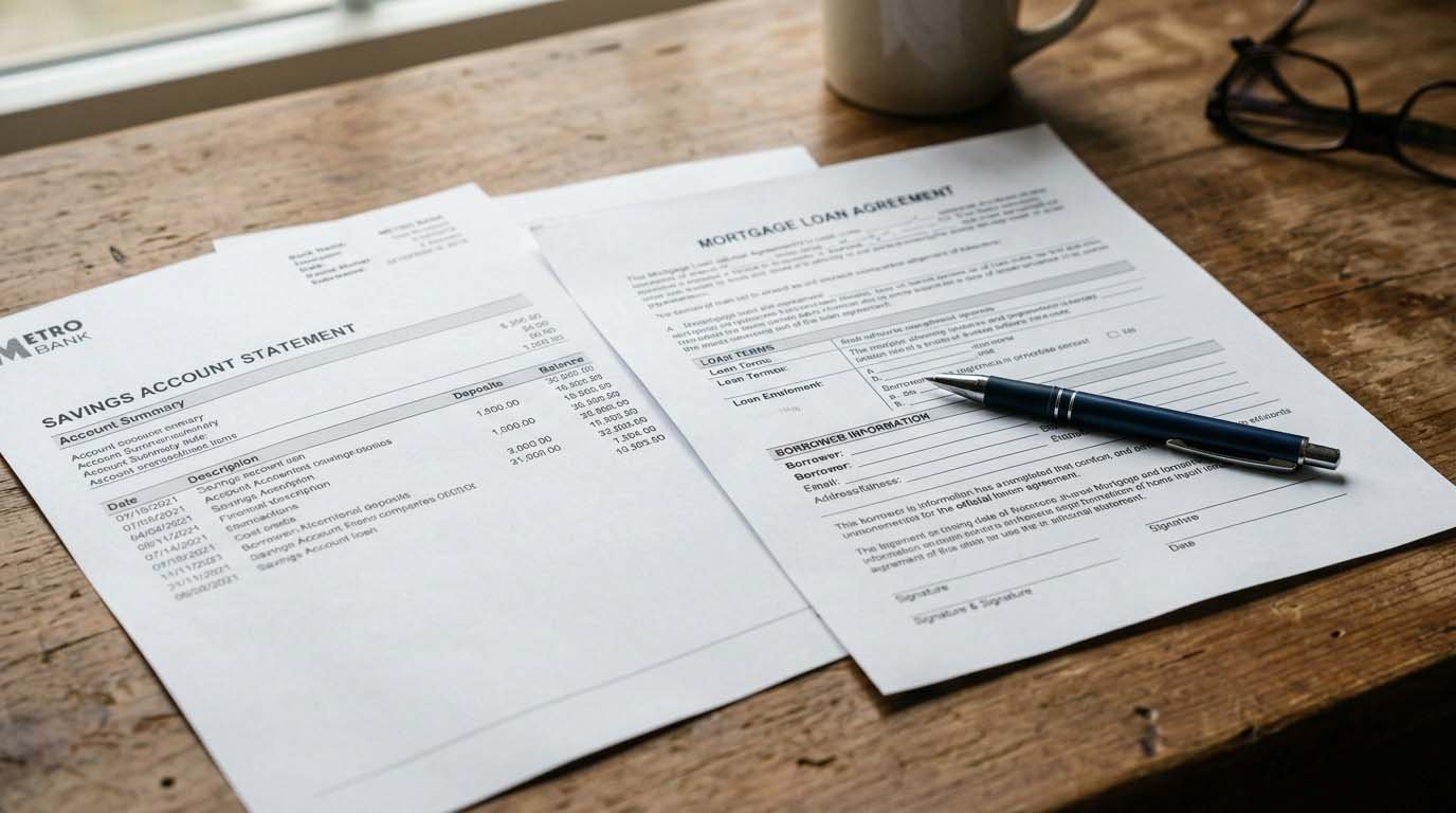 A realistic photo of a savings account statement next to mortgage paperwork on a wooden desk, representing how the federal funds rate touches both borrowing and saving