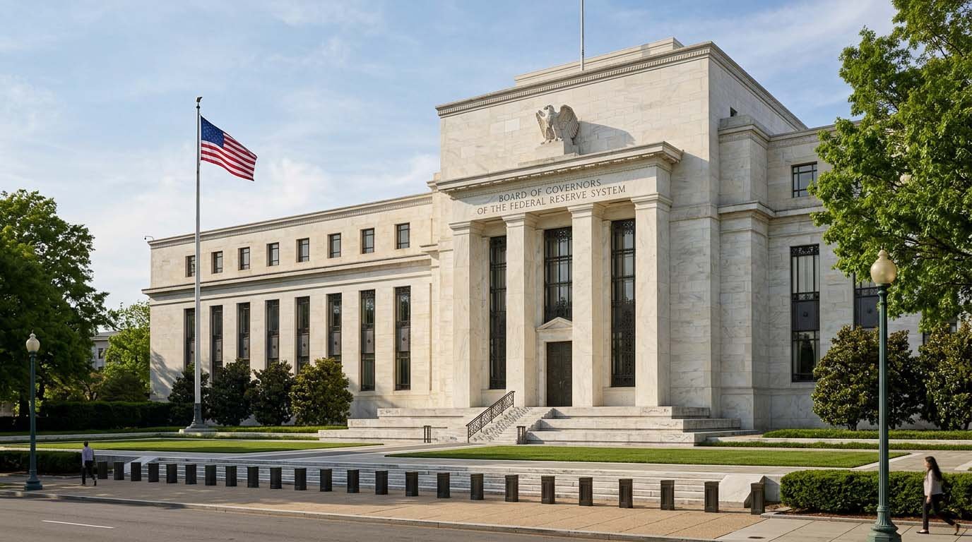 The Federal Reserve's Eccles Building in Washington DC, with the American flag in front