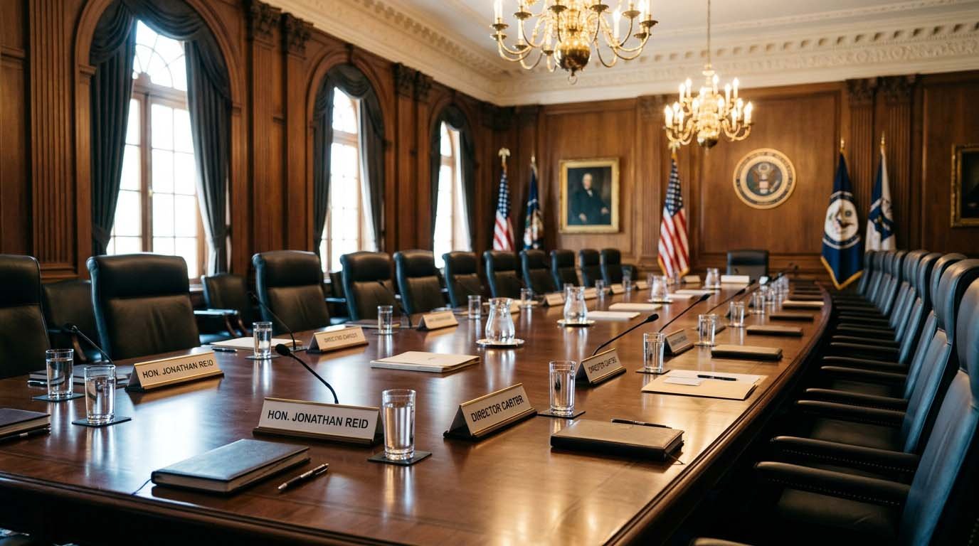 An empty formal boardroom conference table representing the Federal Open Market Committee meeting room