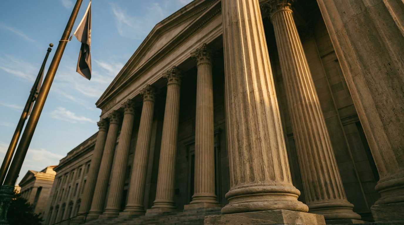 Exterior of a grand neoclassical government building, representing fiscal vs monetary policy institutions