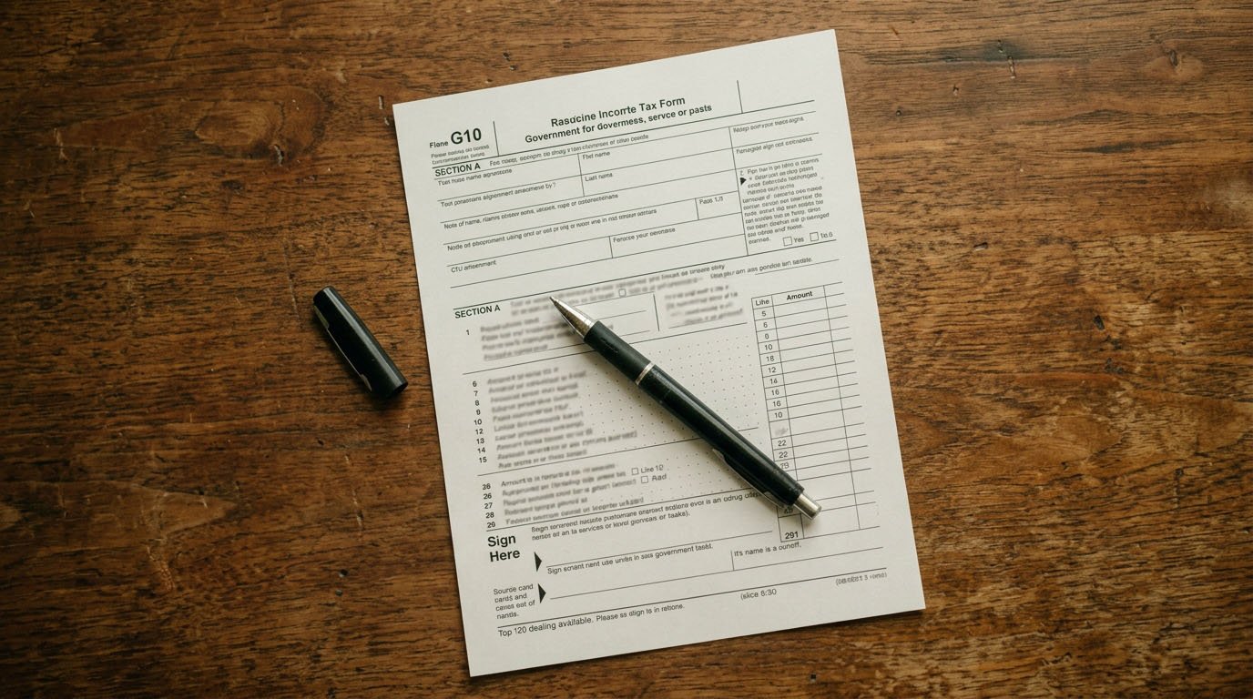 A blank generic tax form with a pen resting on it, related to gross pay vs net pay withholding