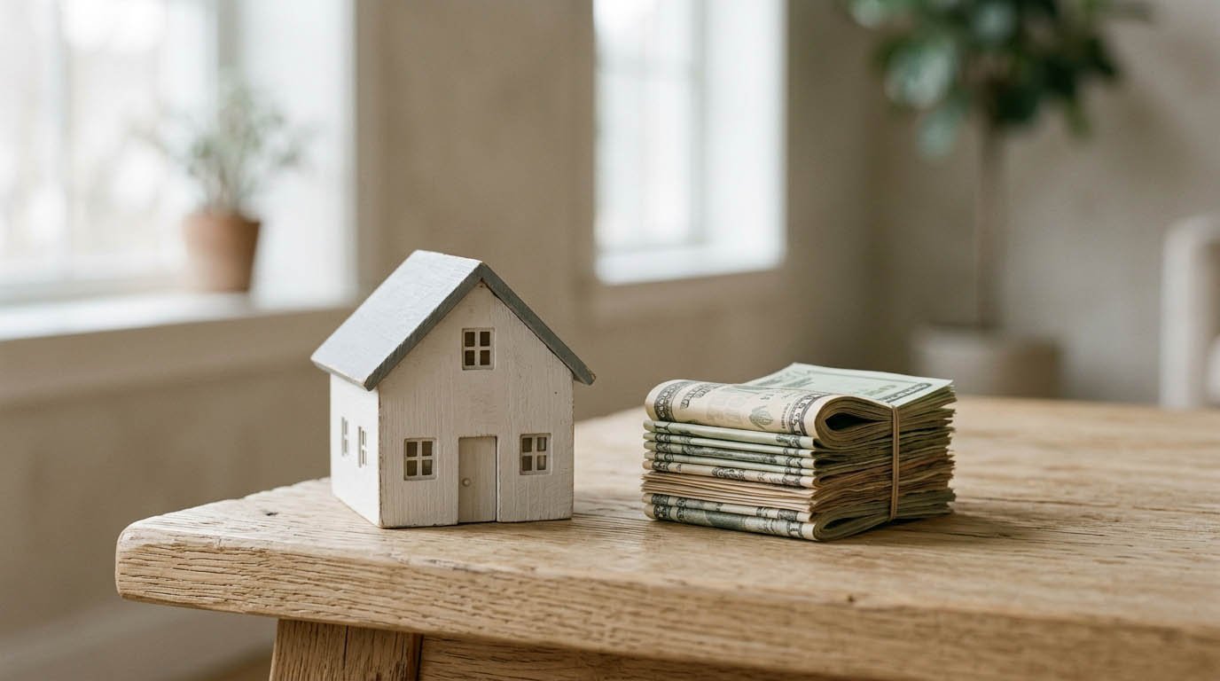 A house model next to a stack of cash