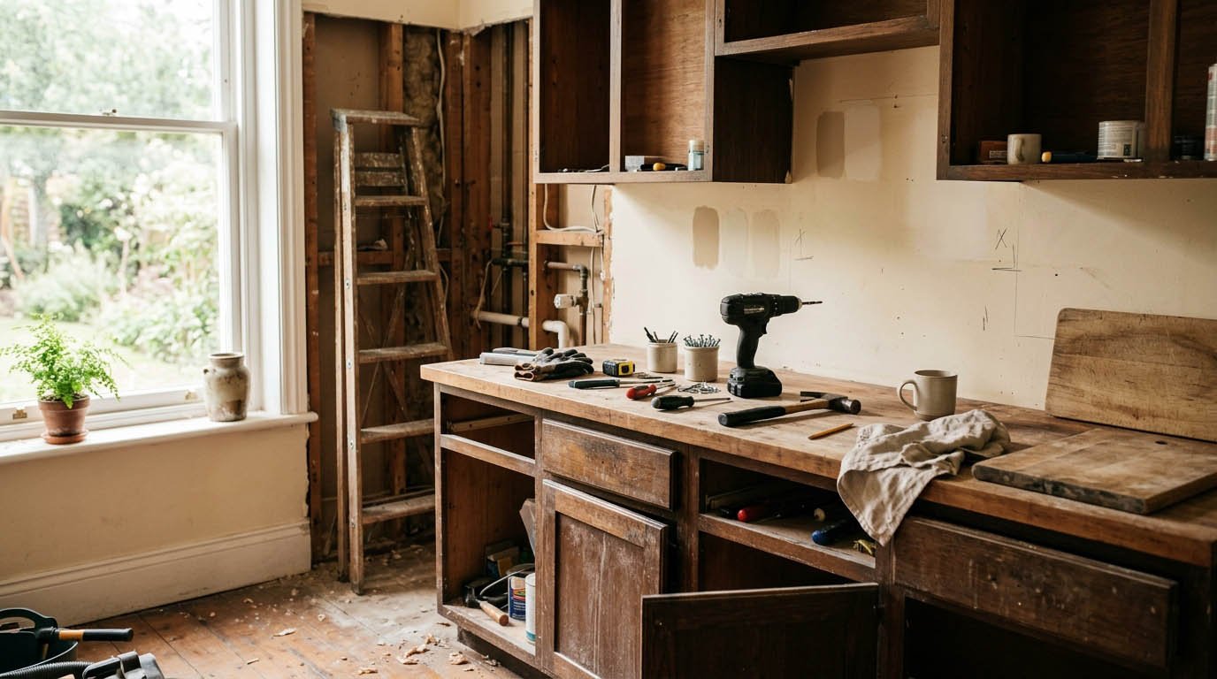 A kitchen renovation in progress, illustrating an example use case for a HELOC vs home equity loan