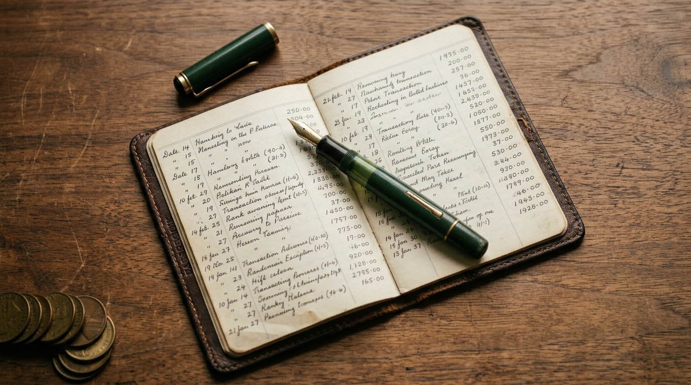 An open leather-bound bank passbook representing a high-yield savings account, with a fountain pen resting beside it