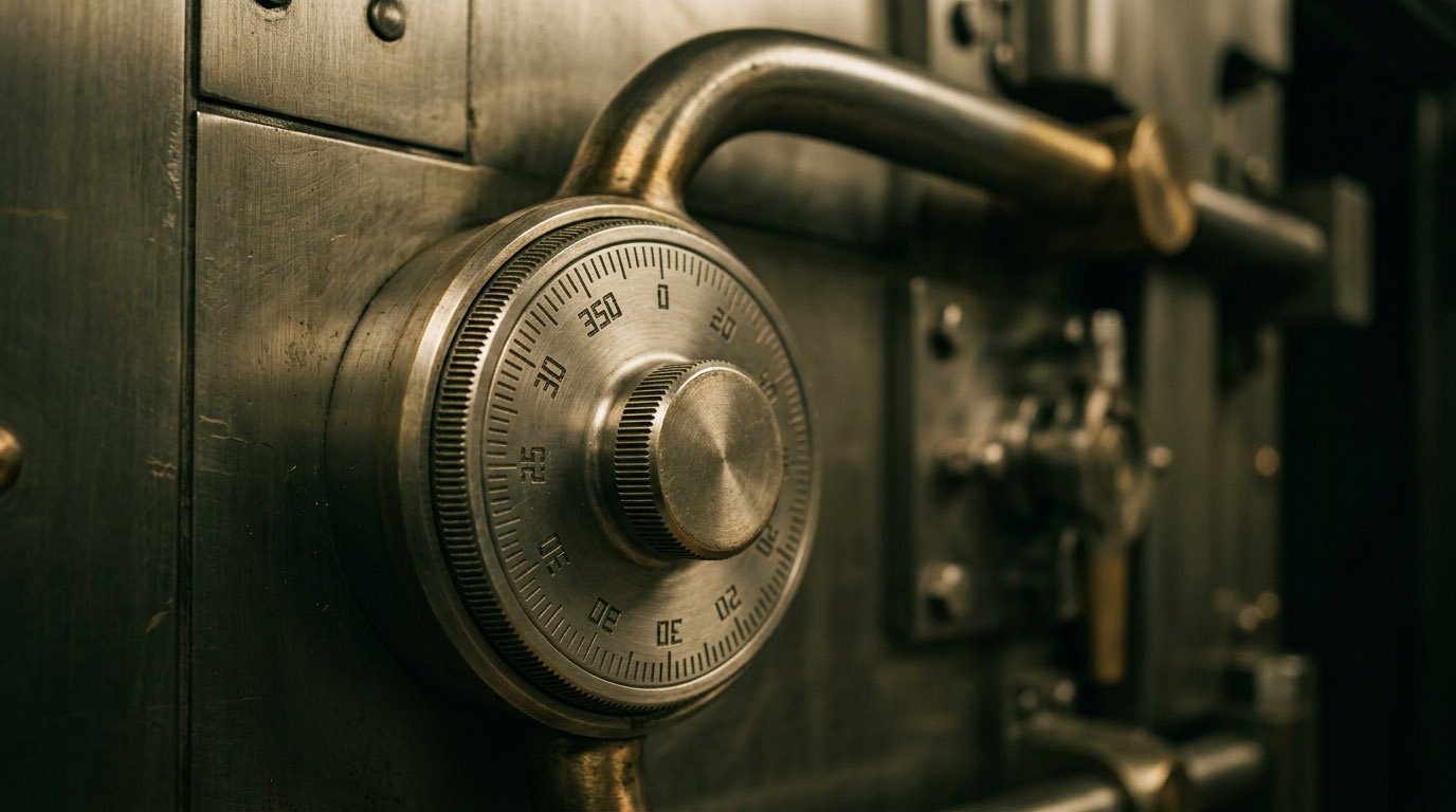 A close-up detail of a bank vault door handle, representing the safety of high-yield savings accounts