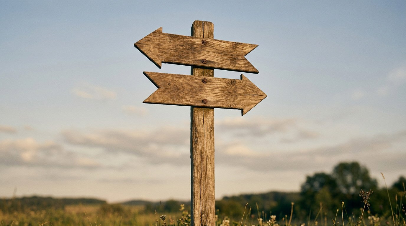 A wooden signpost with two blank direction arrows, illustrating hourly vs salary career paths