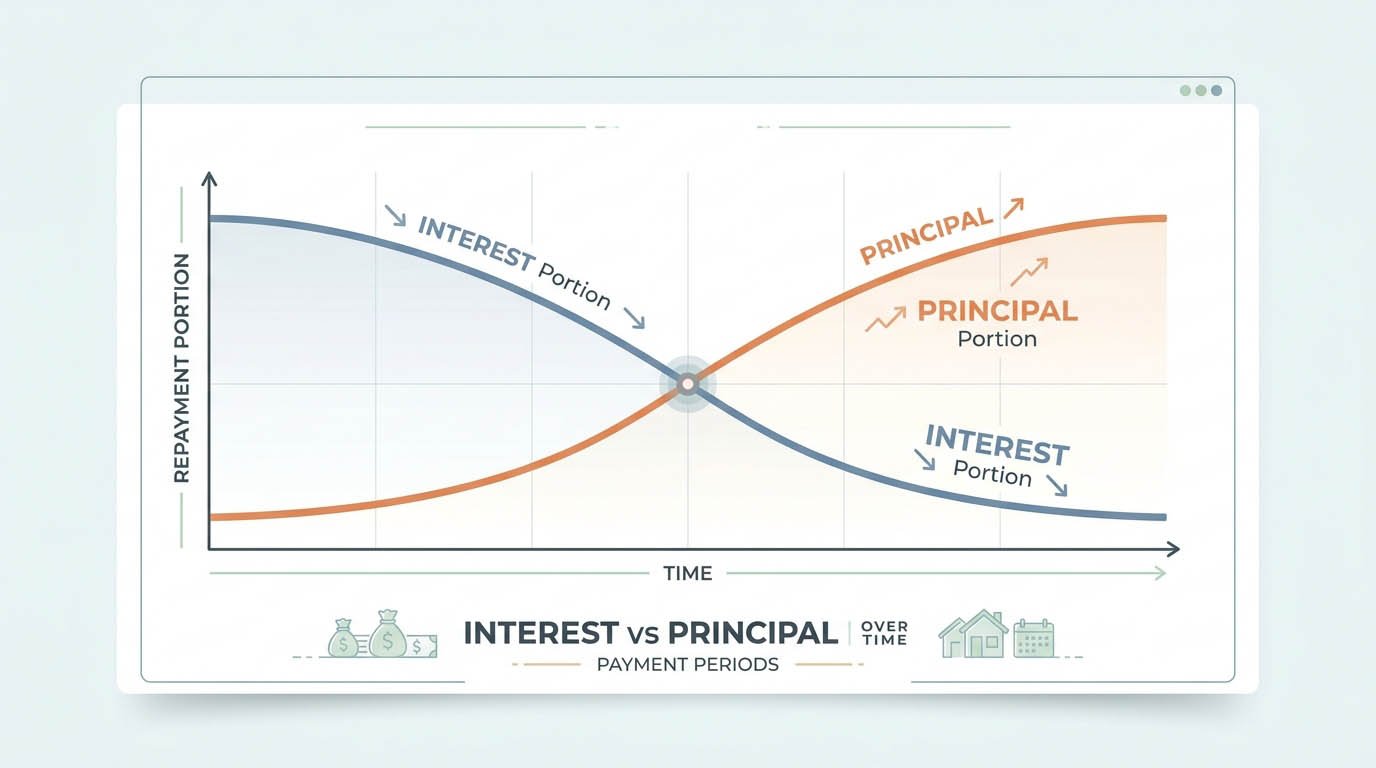 A chart showing principal and interest crossing over time, illustrating how amortization works on a mortgage