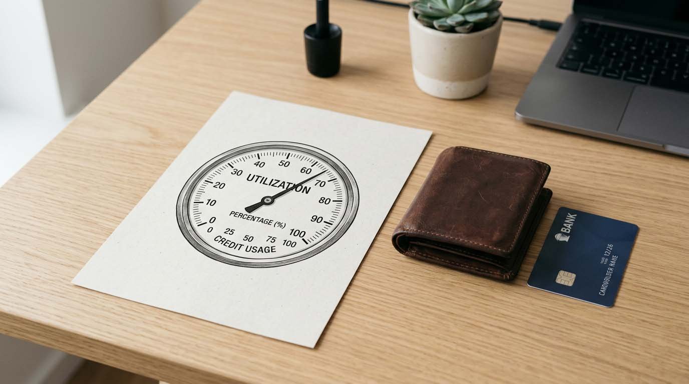 A simple utilization gauge illustration next to a wallet and a credit card on a desk