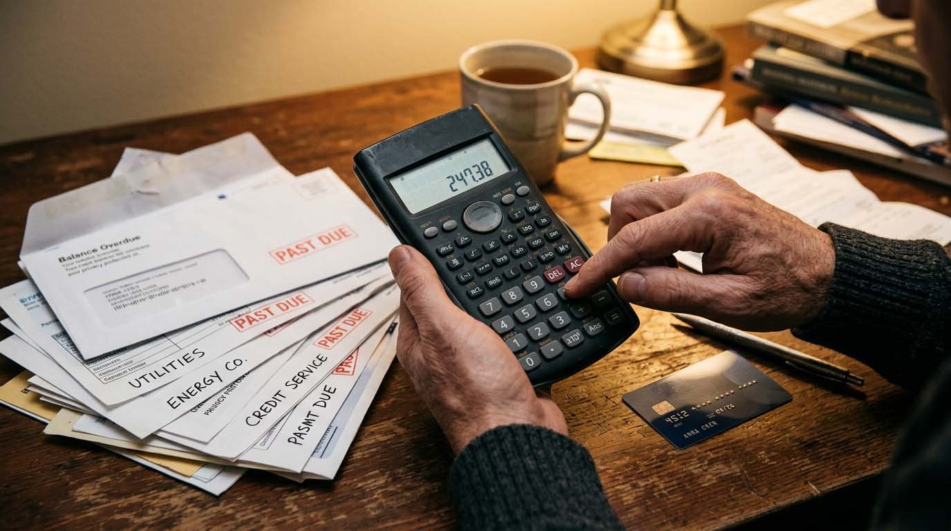 Hands using a calculator next to a stack of bills and a credit card on a desk