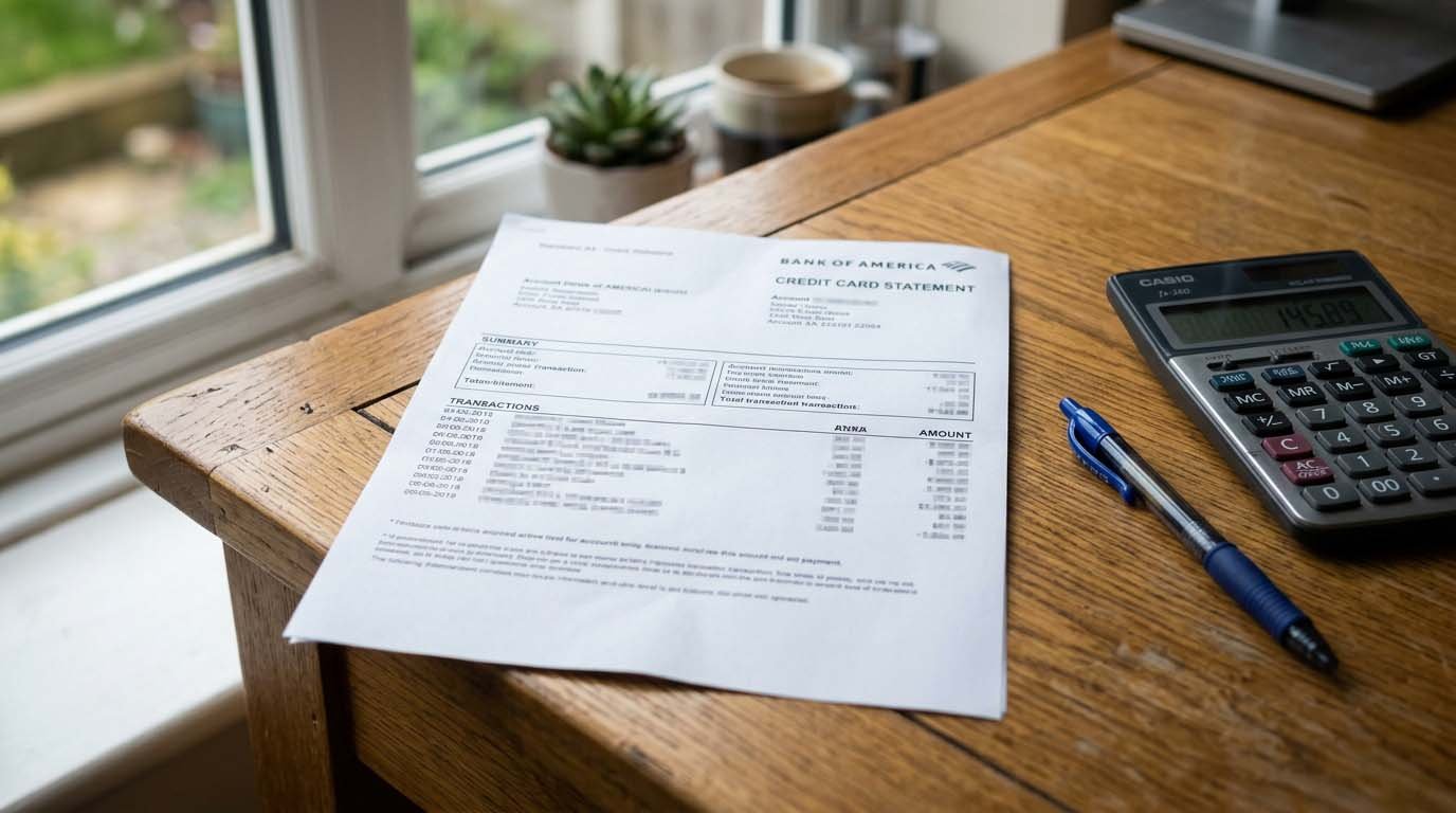 A credit card statement on a desk showing the billing cycle dates and minimum payment due