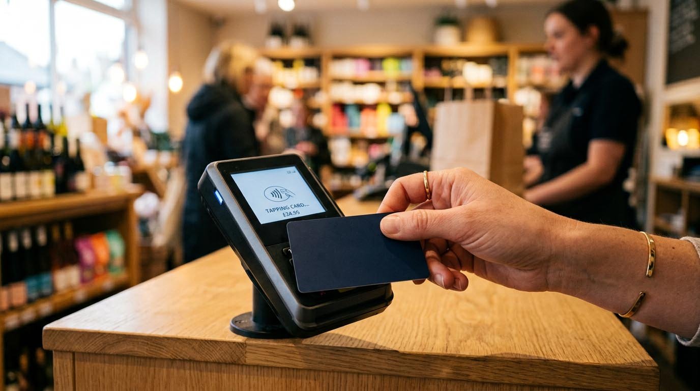 Close-up of a credit card being tapped on a payment terminal at checkout