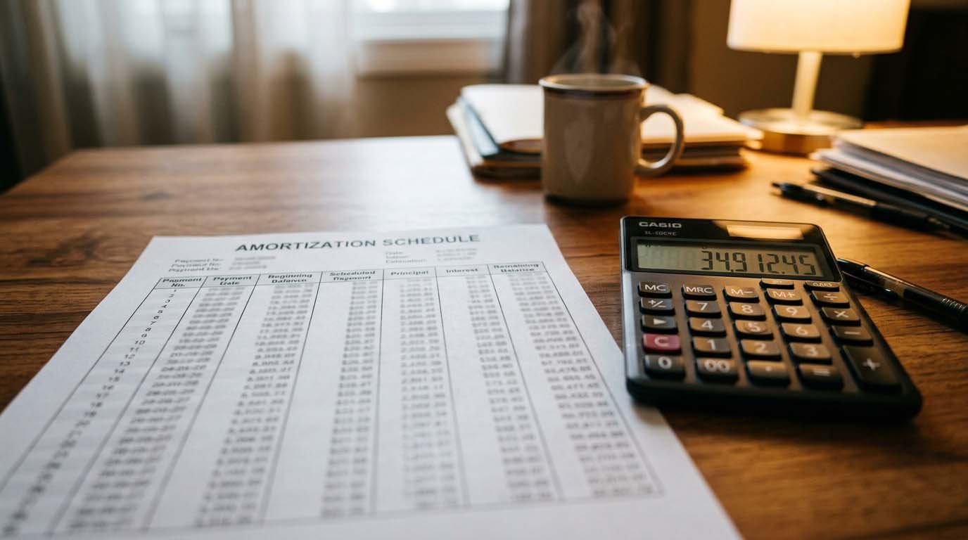 A printed amortization schedule next to a calculator on a desk
