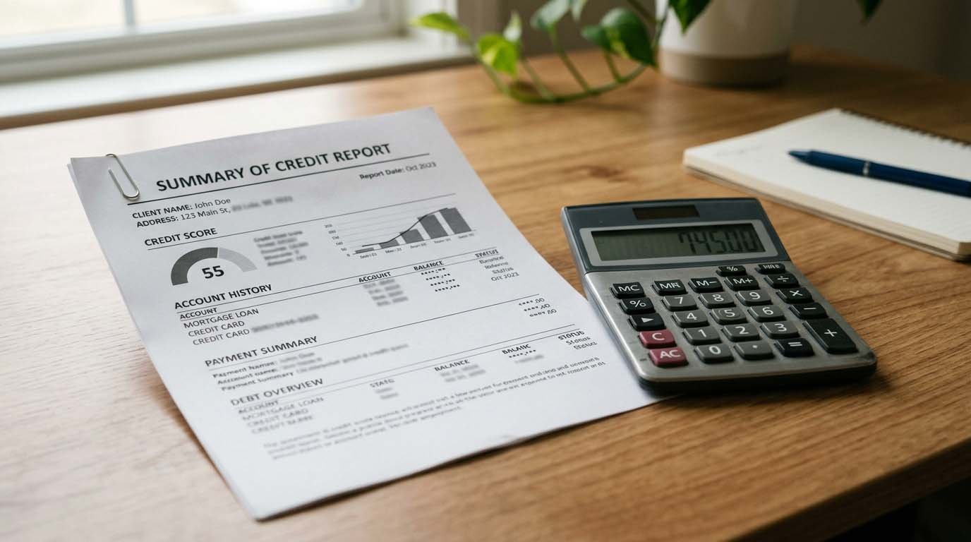 A credit report and calculator on a desk representing factors that determine a personal loan rate