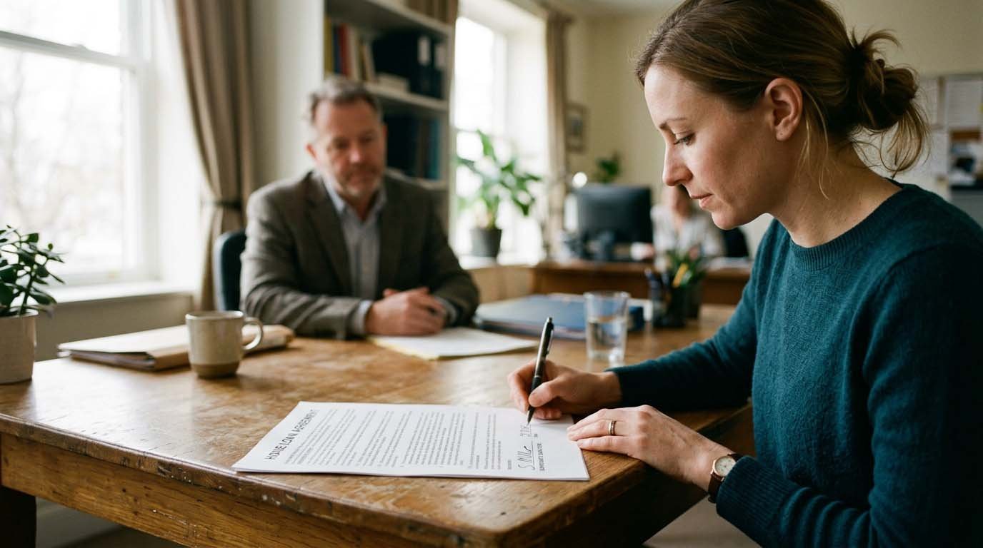 A person signing a personal loan agreement at a desk with a pen