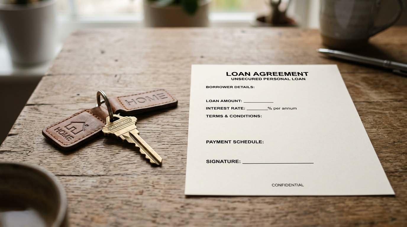 A house key and a blank loan document side by side, representing secured versus unsecured lending