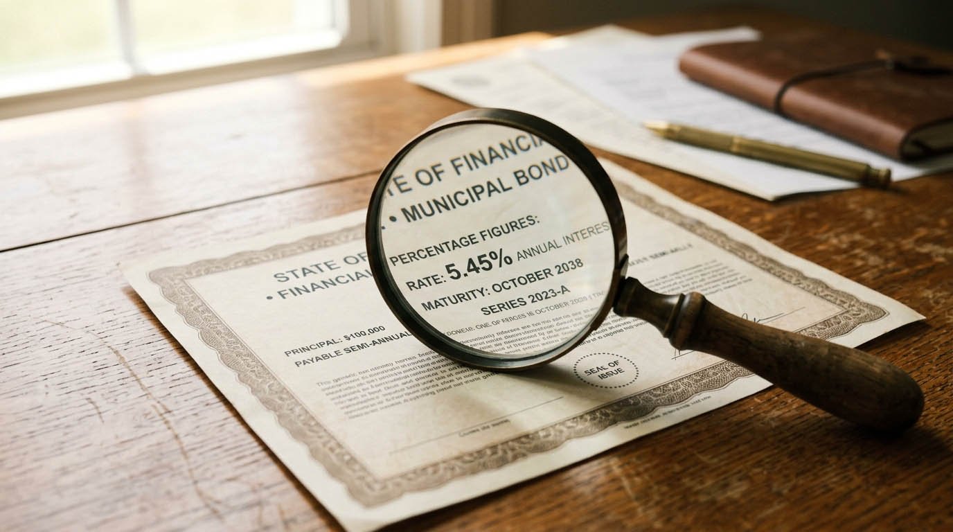 A realistic photo of a magnifying glass held over a printed bond certificate and interest rate figures on a wooden desk