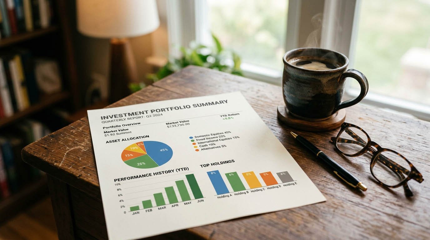 A realistic photo of a diversified investment portfolio statement on a desk with a coffee cup, pen, and reading glasses