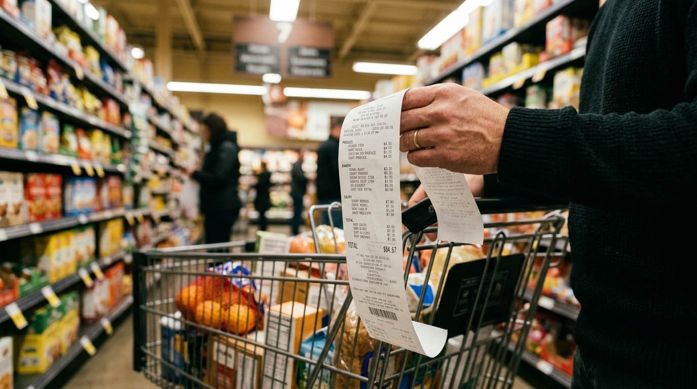 A hand holding a long grocery store receipt next to a shopping cart