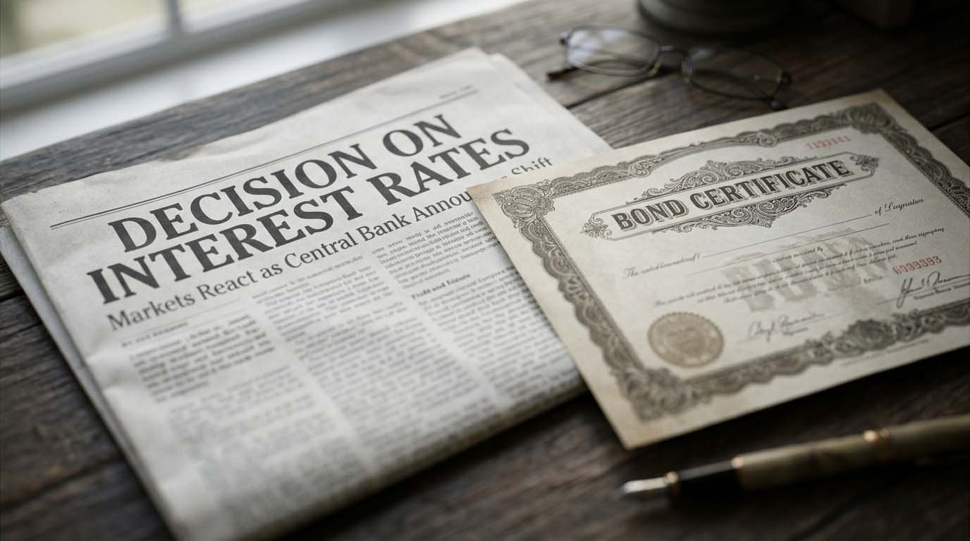 A newspaper headline about an interest rate decision next to a bond certificate