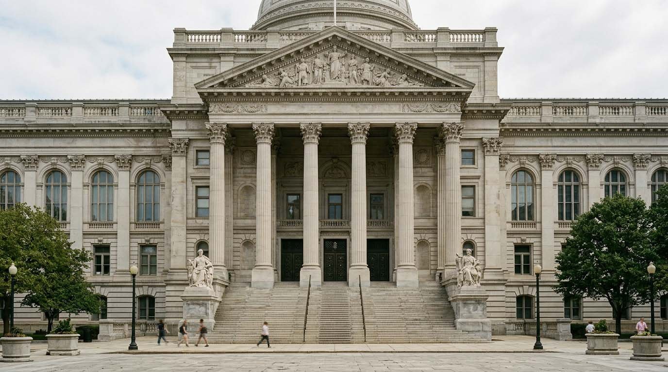 A government building exterior representing the Federal Reserve's role in setting interest rates