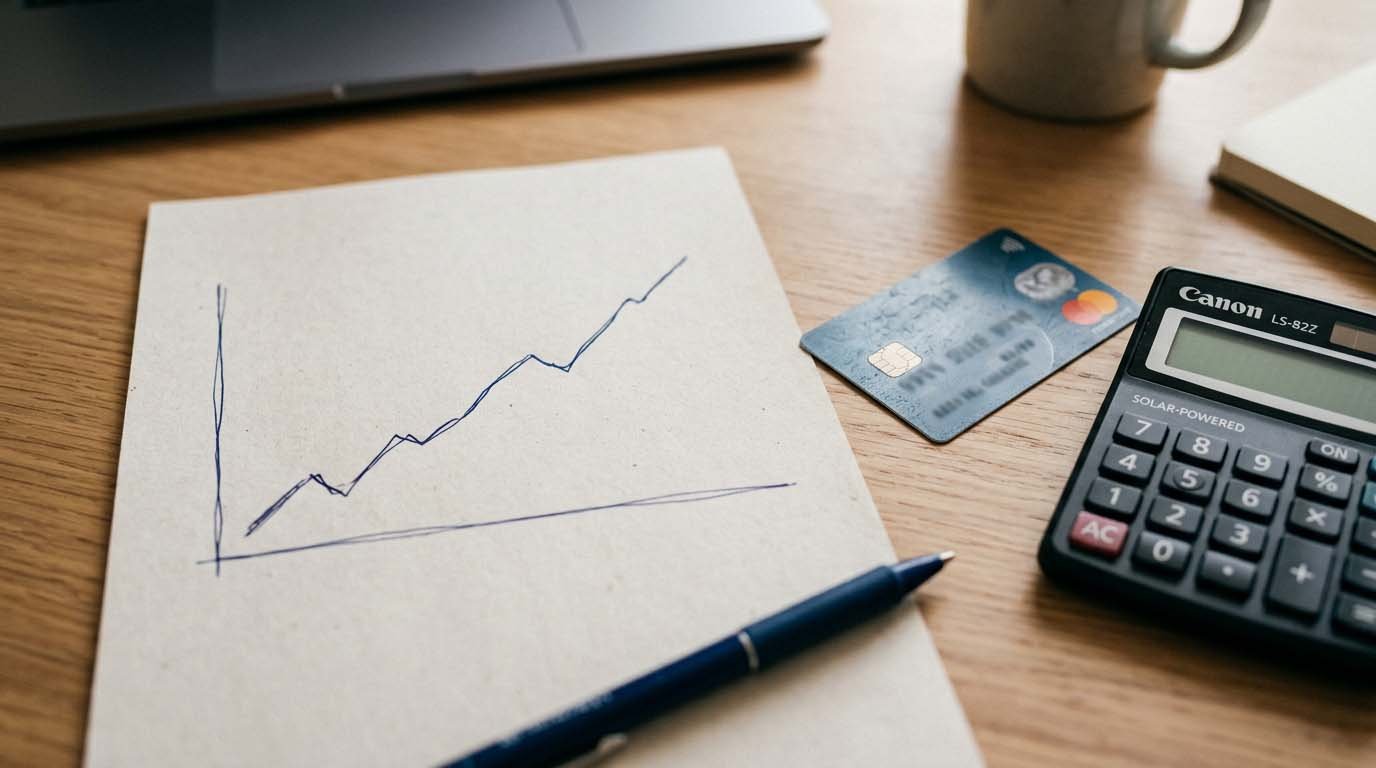 A simple hand-drawn line chart on paper next to a credit card and calculator, showing a rising balance