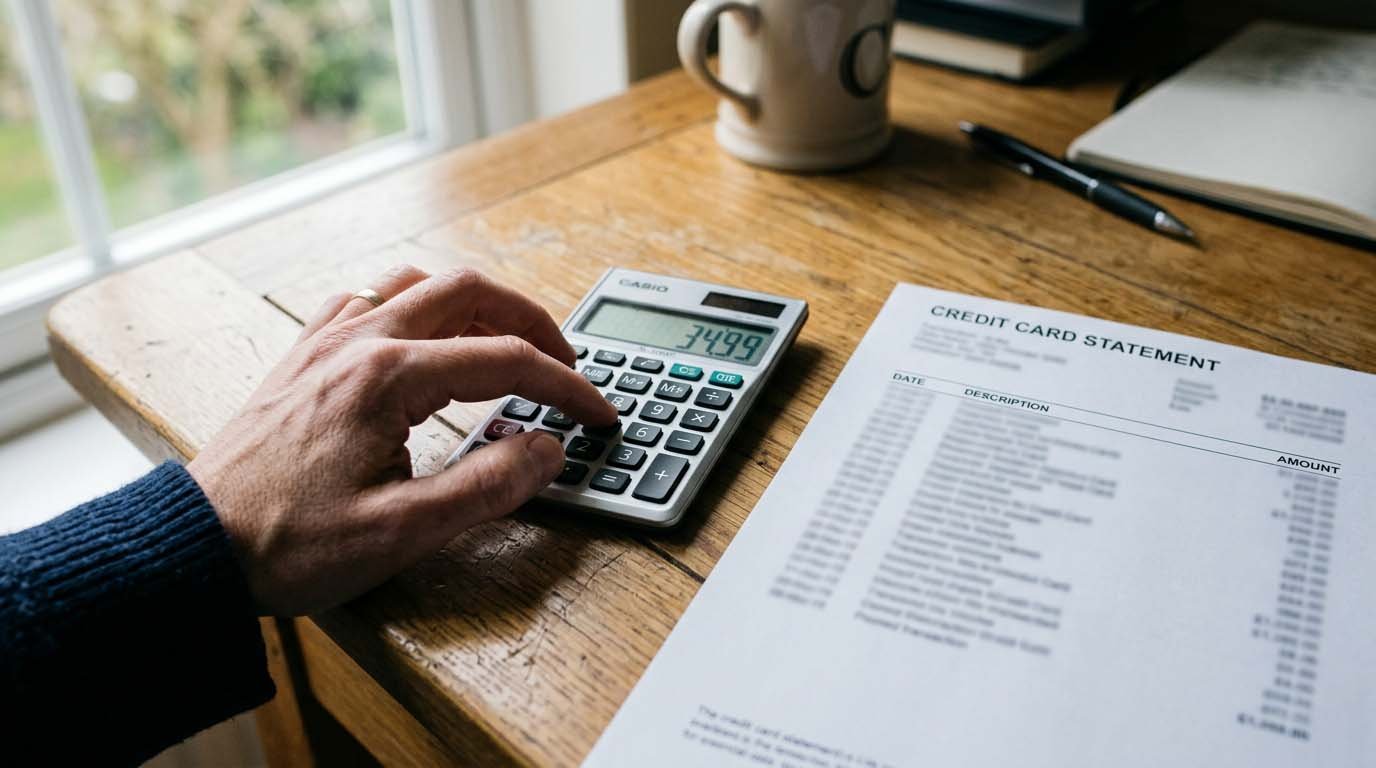A hand using a calculator next to a credit card statement to work out interest charges