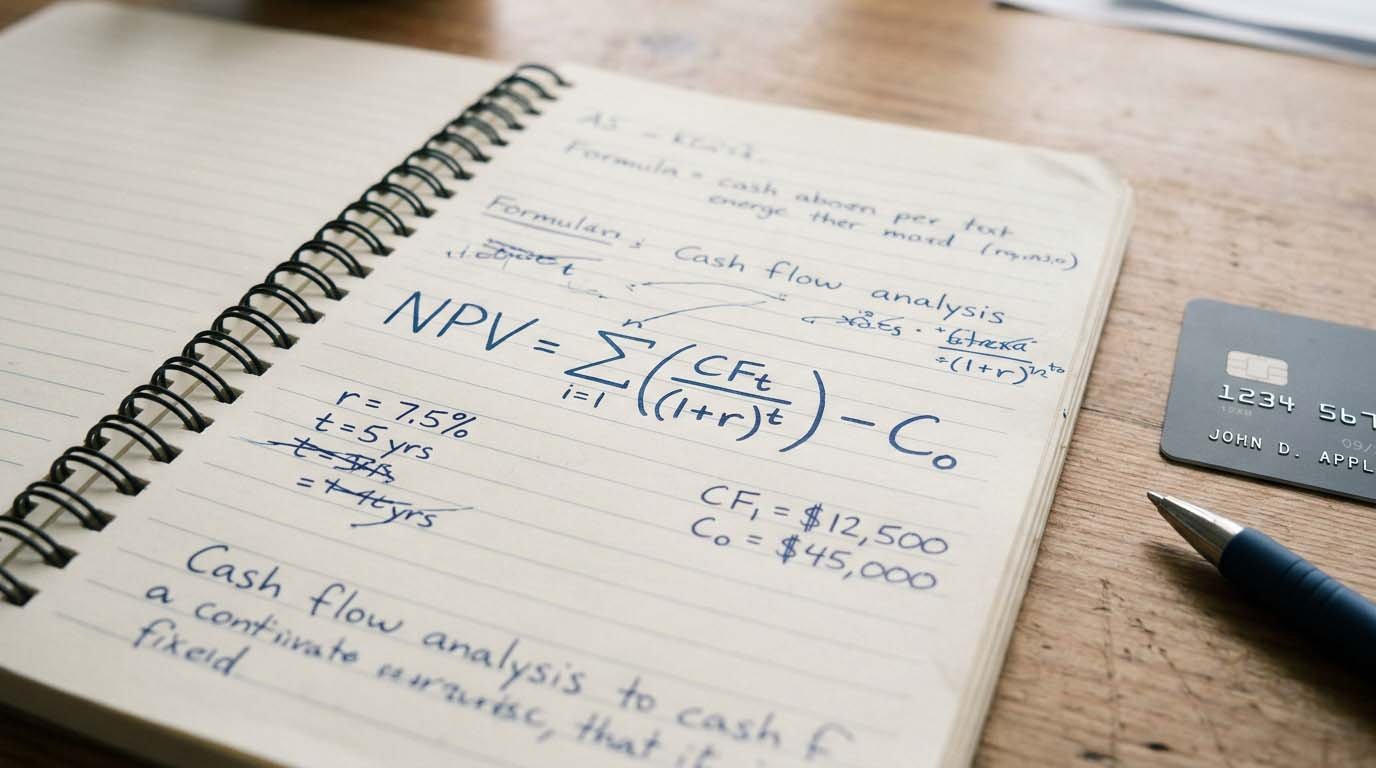 A notebook showing a handwritten daily interest rate formula next to a credit card