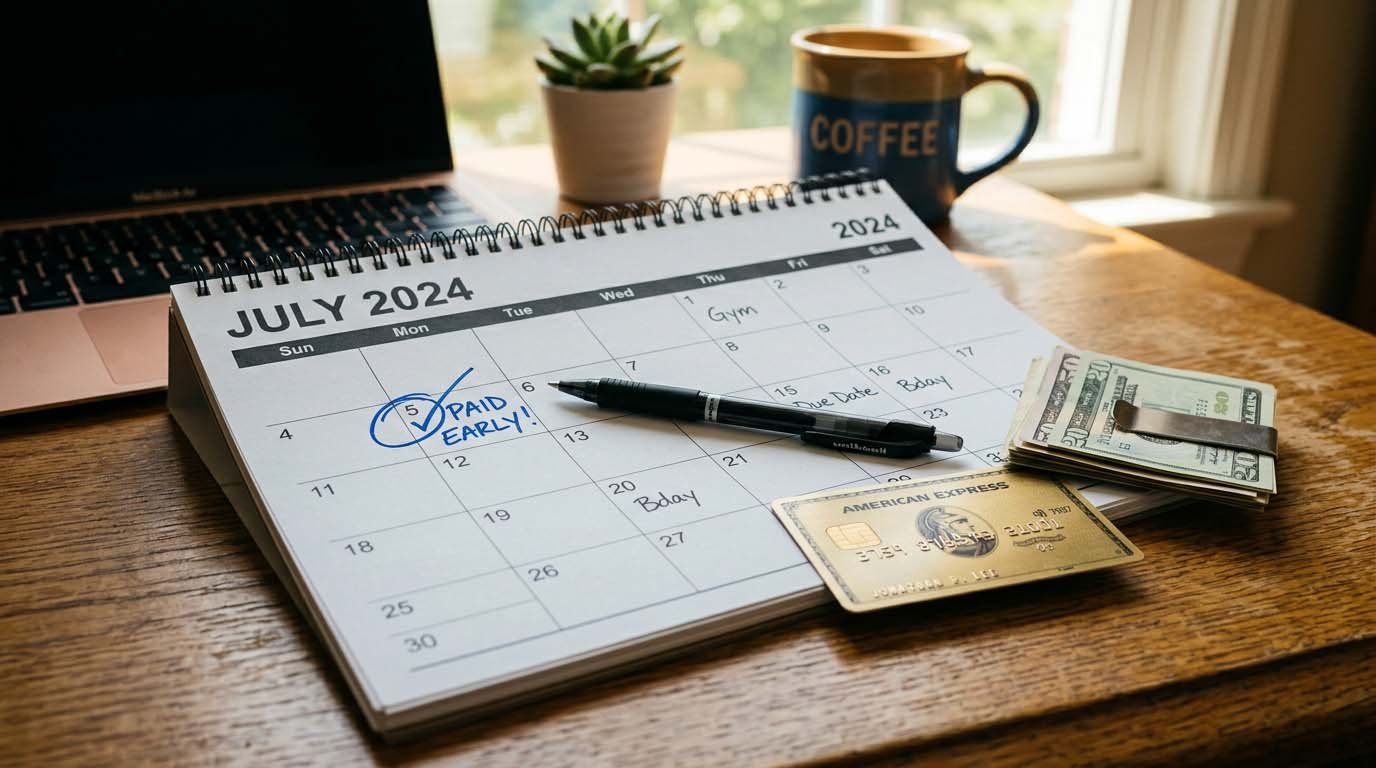 A calendar on a desk with an early date circled next to a credit card, illustrating payment timing