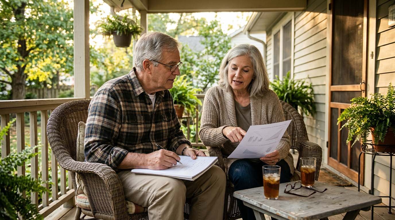 An older couple sitting on a porch reviewing a printed retirement projection sheet together
