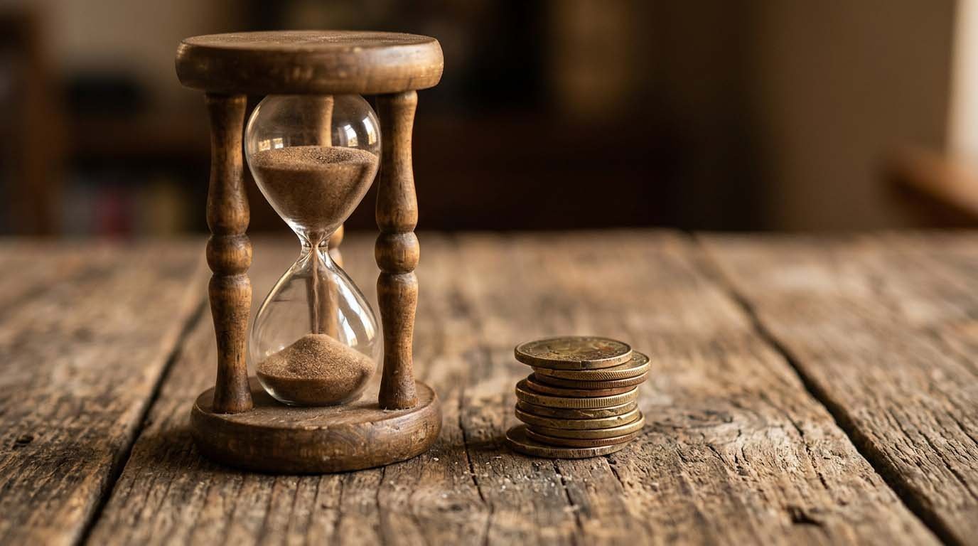 An hourglass with sand running through it next to a stack of coins