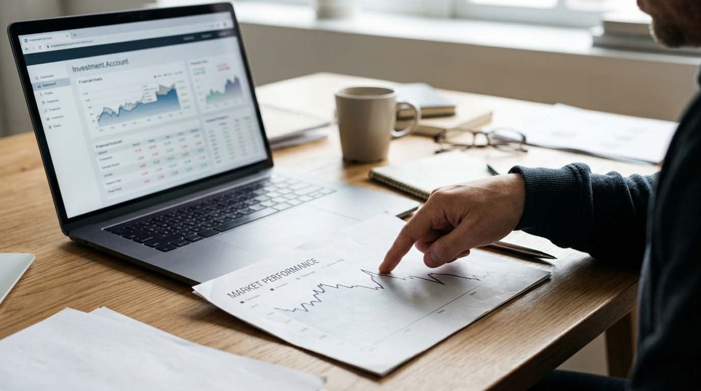 A hand pointing at a declining line chart printed on paper next to a laptop showing investment account data