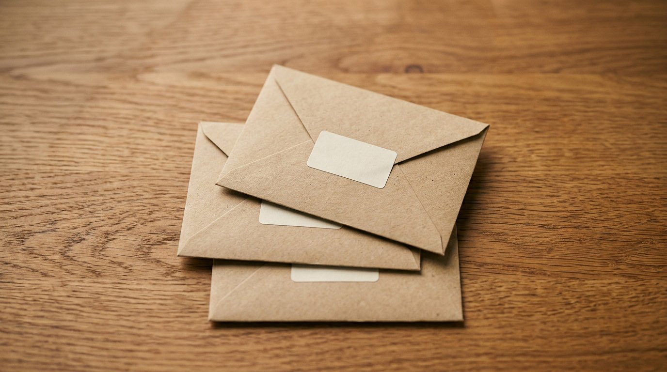 Three small labeled envelopes on a desk, illustrating how a mortgage escrow account works