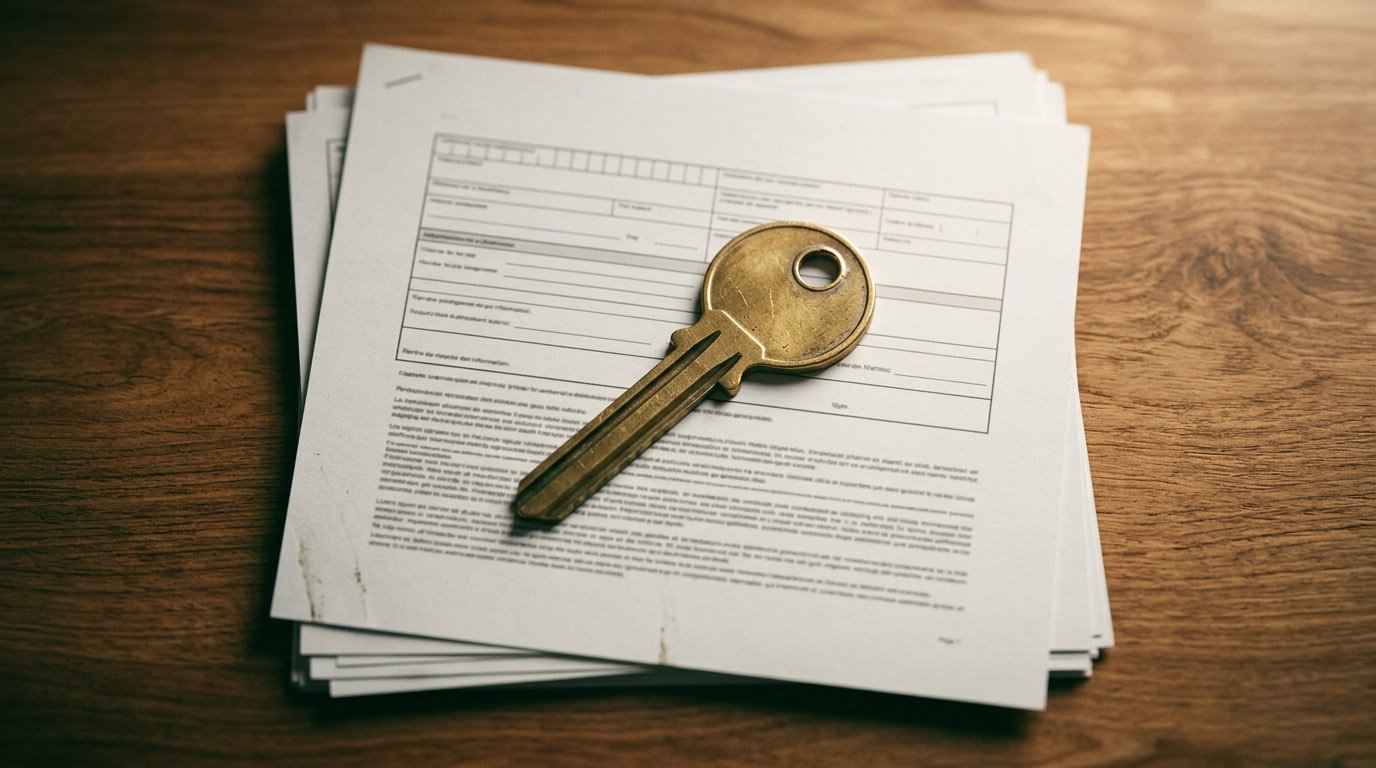 A single house key resting on paper documents, illustrating how a mortgage works