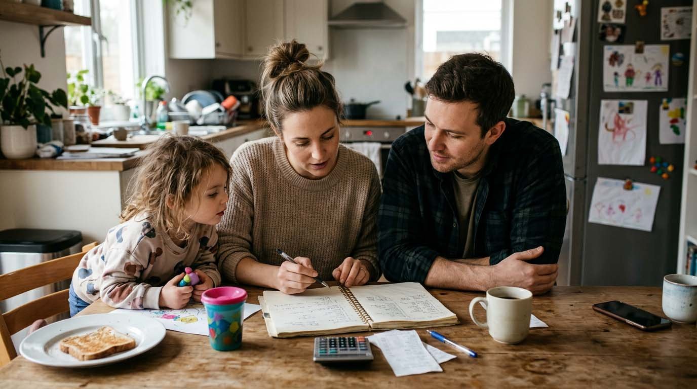A young family reviewing a household budget notebook together at the kitchen table