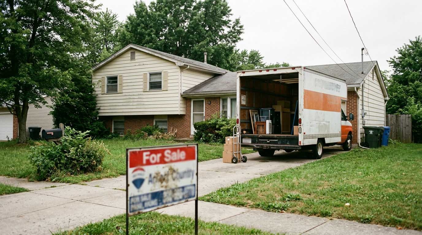 A for sale sign in front of a suburban house with a moving truck in the driveway