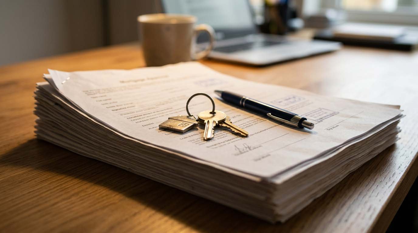A stack of mortgage approval documents on a desk next to a pen and a pair of house keys