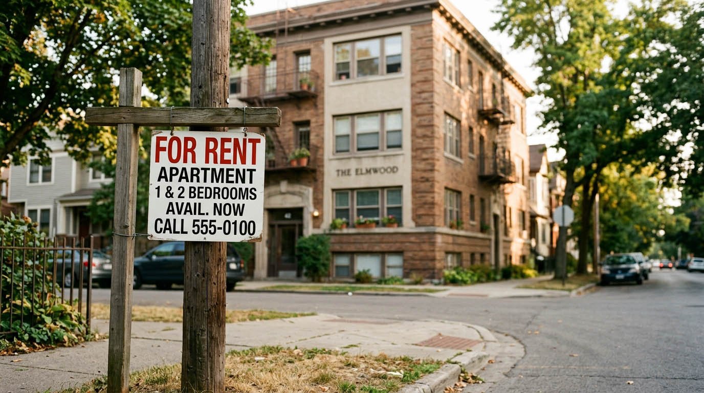 A realistic photo of a for-rent sign posted in front of an apartment building on a city street