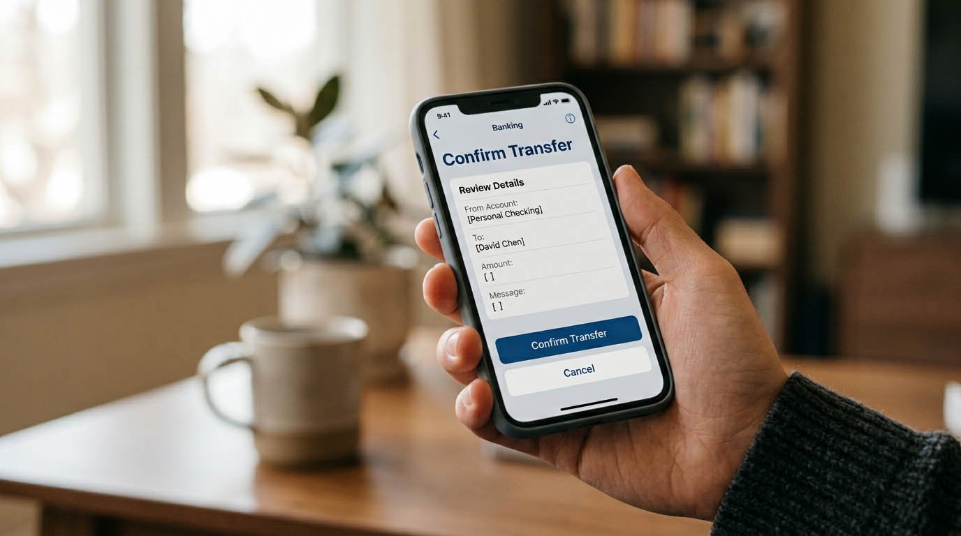 A realistic photo of a hand holding a smartphone showing a banking app screen with an automatic transfer being set up