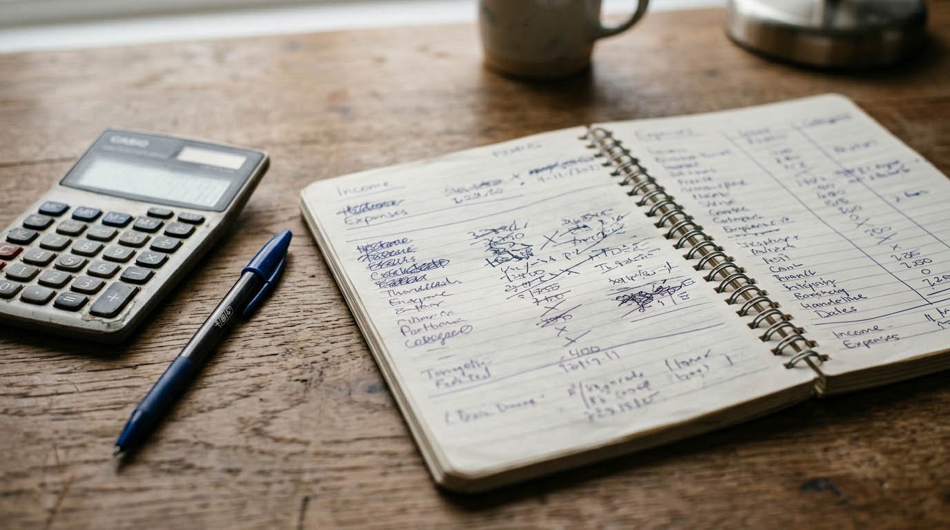 A realistic photo of a handwritten budget notebook, a calculator, and a pen on a wooden desk